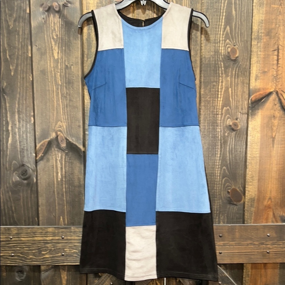 Spense Patchwork Dress 4 Denim Blue Grey Faux Suede Sheath Vtg Stretch‎ Boho 90s